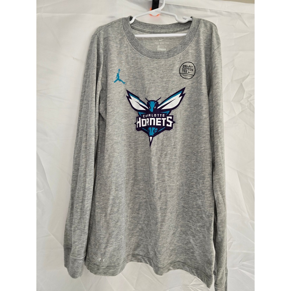 Kids Nike Jordan Charlotte‎ Hornets Dri Fit Cotton Tee Long Sleeve Gray XS
